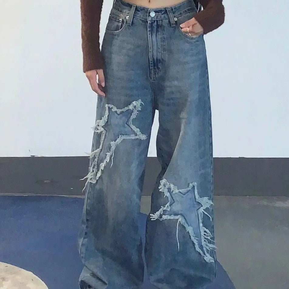 Woman's Oversized Jeans With Star Patterns