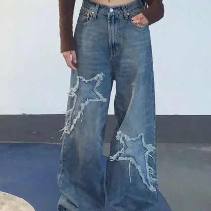 Woman's Oversized Jeans With Star Patterns