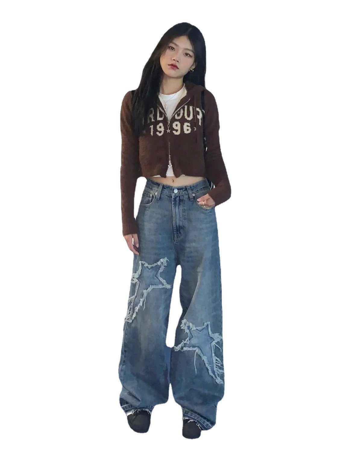 Woman's Oversized Jeans With Star Patterns