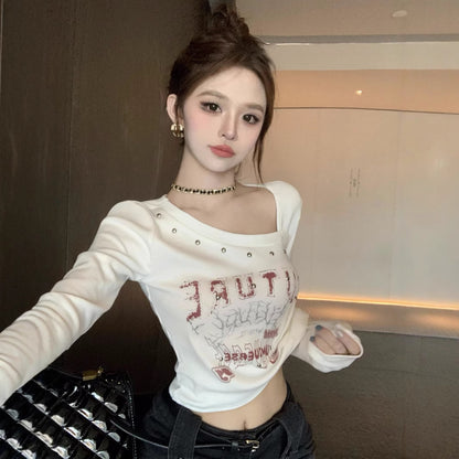 Autumn Retro Slim Diagonal Collar Crop Top