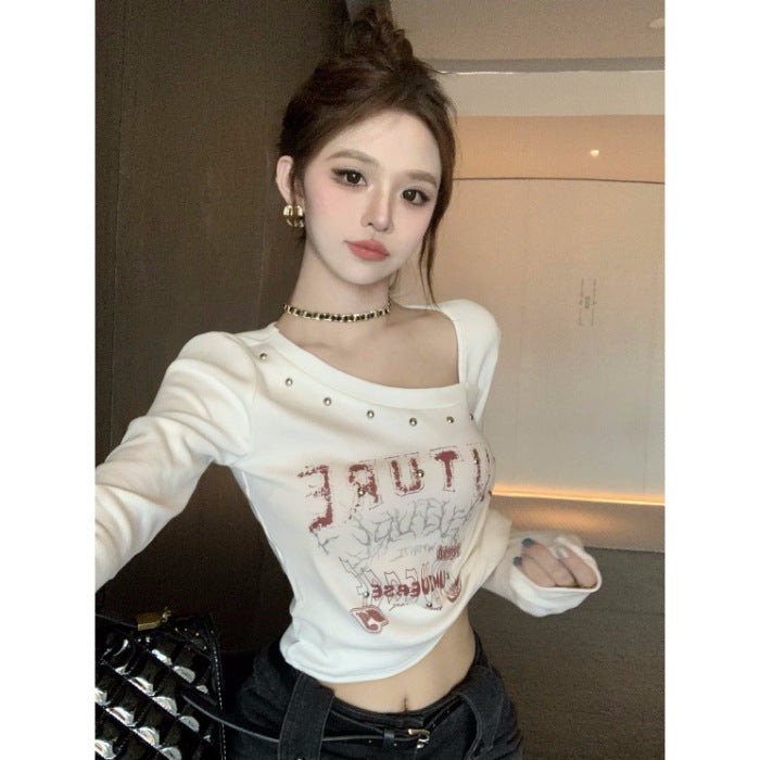 Autumn Retro Slim Diagonal Collar Crop Top